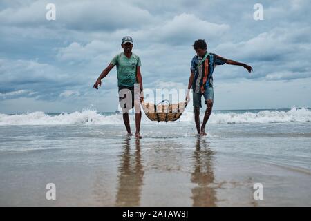 Zwei srilankische Männer, die Fische in einem Bambo-Korb am Trincomalee Strand tragen und im Ozean waschen. Stockfoto