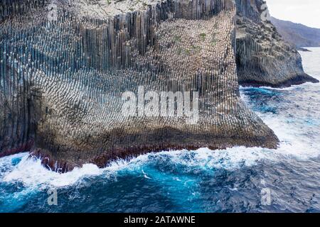 Basalt-Felsformation Los Organos, Organ Pipe Rock, in der Nähe von Vallehermoso, Luftbild, La Gomera, Kanarische Inseln, Spanien Stockfoto