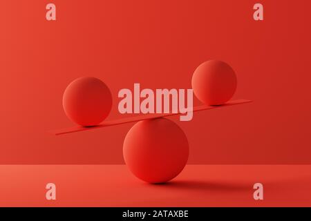 Zwei Kugeln in perfekter Balance über rotem Hintergrund - 3D-Rendering Stockfoto