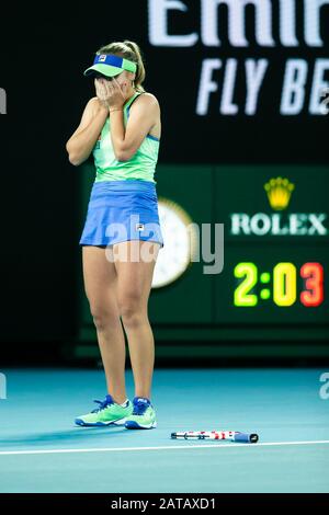 Melbourne, Australien. Februar 2020. Sofia Kenin jubste nach ihrem ersten Grand-Slam-Titel beim Tennisturnier der Australian Open Grand Slam 2020 in Melbourne, Australien. Frank Molter/Alamy Live News Stockfoto