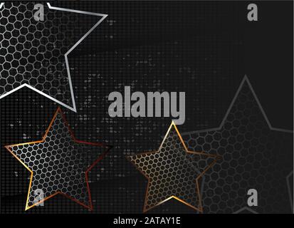 Goldene abstrakte Sterne auf dunklem Hintergrund. Goldener Glitzerstern. Banner, Postervorlage. Dunkler Farb-Luxus-Sternenhintergrund Stock Vektor