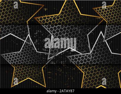 Goldene abstrakte Sterne auf dunklem Hintergrund. Goldener Glitzerstern. Schwarzes Designelement. Modernes Vorlagendesign. Abstraktes goldenes Luxus-Muster Stock Vektor