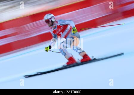 Garmisch-Partenkirchen, Deutschland. Februar 2020. Aleksander Aamodt Kilde aus Norwegen fährt am 01. Februar 2020 in Garmisch-Partenkirchen die Strecke beim Audi-Fis-Alpine-Skiweltcup-Abfahrtsrennen hinunter. Kredit: European Sports Photographic Agency/Alamy Live News Stockfoto