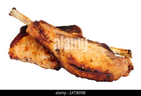 Zwei gegrillte Tomahawk-Schweinekoteletts isoliert auf weißem Hintergrund Stockfoto
