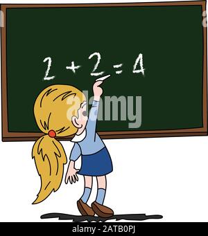 Blonde Cartoon-Mädchen, die Berechnungen zur Vektorillustration auf dem Schwarzen Brett vorstellt Stock Vektor