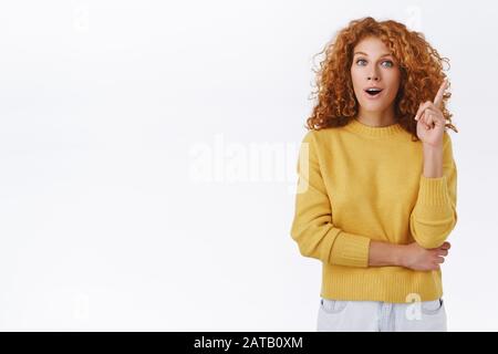 Das Mädchen bekam eine ausgezeichnete Idee und fügte einen Vorschlag hinzu. Eine Frau in einem gelben Pullover, die mit einem Finger in eureka-geste spricht, um Rat zu geben, muss sich mit einer Frau in der lockigen Rotkopfspitze unterhalten Stockfoto