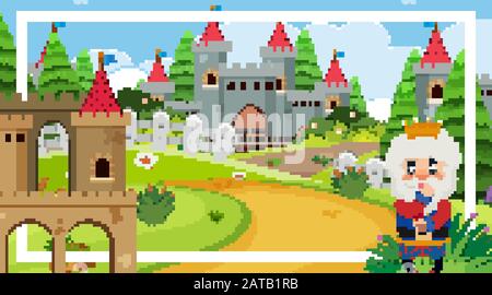 Szene mit König und großer Burg in Hintergrundillustration Stock Vektor