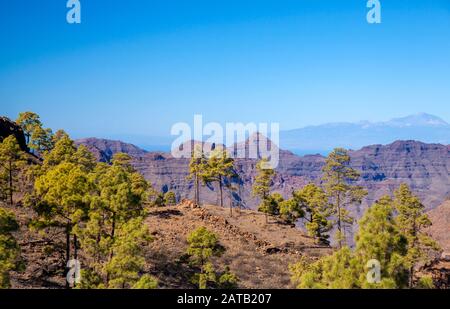 Gran Canaria, Januar, zentraler Teil der Insel, Blick auf die pyramidale Montana de Alsobas und Teide auf der Insel Stockfoto