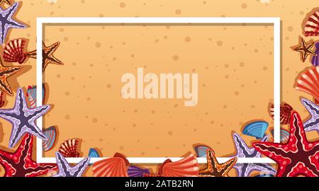 Rahmendesign mit Seashells und Seesterne auf der Strandhintergrund-Illustration Stock Vektor