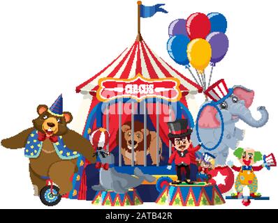 Ringmeister und Zirkustiere auf weißer Hintergrundillustration Stock Vektor