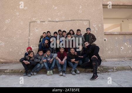 Fotos aus ostghouta Damaskus Syrien, zeigen die Situation der Nachbarschaft und der Schulen in Al-Mlieha 2020 Stockfoto