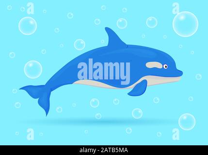 Dolphin auf blauem Hintergrund mit Blasen. Meeresfische. Unterwasserwelt der Marine. Vektorgrafiken. Stock Vektor