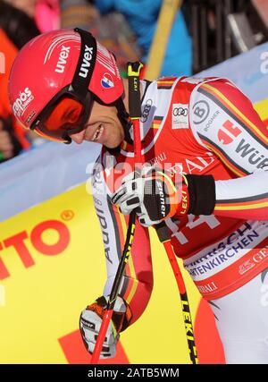 Garmisch Partenkirchen, Deutschland. Februar 2020. Ski Alpin: Weltcup, Abfahrt, Herren. Josef Ferstl aus Deutschland reagiert im Ziel. Credit: Stephan Jansen / dpa / Alamy Live News Stockfoto