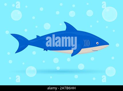 Hai auf blauem Hintergrund mit Blasen. Meeresfische. Unterwasserwelt der Marine. Vektorgrafiken. Stock Vektor