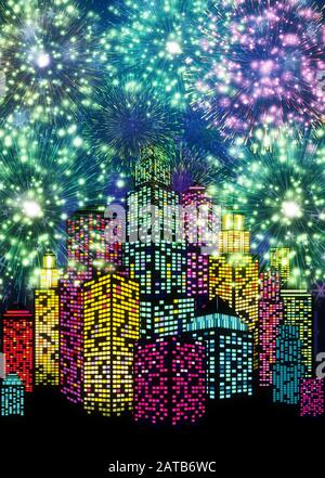 Retro City Design mit leuchtenden neon Windows und Feuerwerk in den Himmel. Stockfoto