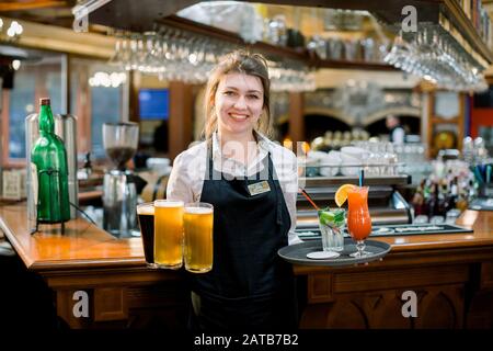 Lächelnde, freundliche Kellnerin, die in einem Pub ein Bier vom Fass serviert. Portrait einer fröhlichen jungen Frau, die Bier in der Bar serviert, mit lächelnder Kamera Stockfoto