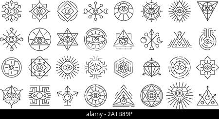 Alchemie-Symbole festgelegt. Umreißender Satz von Alchemie-Vektorsymbolen für Webdesign isoliert auf weißem Hintergrund Stock Vektor