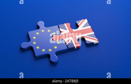 Brexit - britischer Austritt aus der Europäischen Union im Jahr 2020. Das Konzept eines "Brexit", das über Puzzle dargestellt wird. Die Mitgliedstaaten sind durch Teile von vertreten Stockfoto