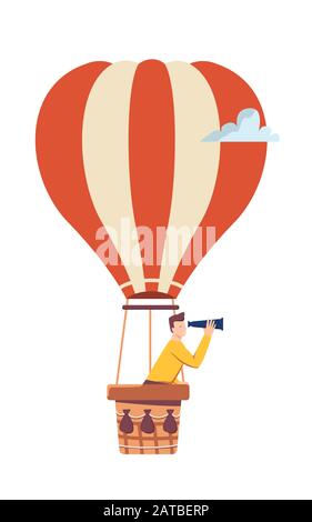 Cartoon männlich fliegen in Heißluftballon Vektor flache Abbildung Stock Vektor