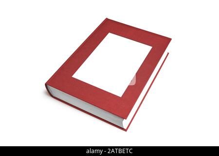 Rotes Fotobuch mit leerem Rahmen für Ihre Bilder isoliert auf Weiß Stockfoto