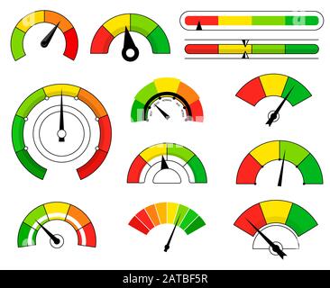 Satz verschiedenfarbige Cartoon-Skala mit auf weißem Hintergrund isoliertem Pfeil Stock Vektor
