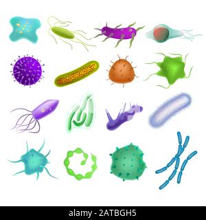 Cartoon-Viren und Bakteriensymbole unter dem Mikroskop. Stock Vektor