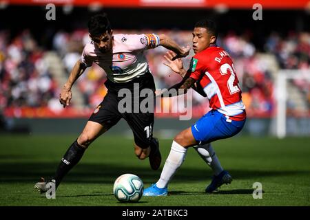 Der RCD Espanyol-Spieler David Lopez und der Granada CF-Spieler Darwin Machis sind während des La Liga Santander Spiels zwischen Granada CF und RCD Espanyol im Los Carmenes Stadium in Granada im Einsatz.(Endstand; Granada CF 2:1 RCD Espanyol) Stockfoto