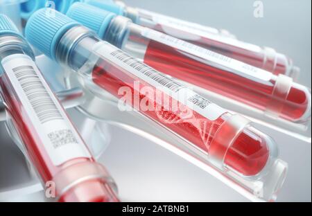 Blutkörperchen, DNA-Molekül, das sich im Reagenzglas bildet. 3D-Illustration, konzeptionelles Bild von Wissenschaft und Technologie. Stockfoto