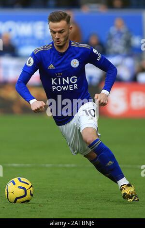 Leicester, Großbritannien. Februar 2020. James Maddison von Leicester City in Aktion. EPL Premier League Match, Leicester City gegen Chelsea im King Power Stadium in Leicester am Samstag, 1. Februar 2020. Dieses Bild darf nur für redaktionelle Zwecke verwendet werden. Nur redaktionelle Nutzung, Lizenz für kommerzielle Nutzung erforderlich. Keine Verwendung bei Wetten, Spielen oder Einzelpublikationen für Vereine/Liga/Spieler. Pic von Steffan Bowen/Andrew Orchard Sportfotografie/Alamy Live News Credit: Andrew Orchard Sportfotografie/Alamy Live News Stockfoto