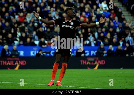 Leicester, Großbritannien. Februar 2020. Tammy Abraham von Chelsea reagiert. EPL Premier League Match, Leicester City gegen Chelsea im King Power Stadium in Leicester am Samstag, 1. Februar 2020. Dieses Bild darf nur für redaktionelle Zwecke verwendet werden. Nur redaktionelle Nutzung, Lizenz für kommerzielle Nutzung erforderlich. Keine Verwendung bei Wetten, Spielen oder Einzelpublikationen für Vereine/Liga/Spieler. Pic von Steffan Bowen/Andrew Orchard Sportfotografie/Alamy Live News Credit: Andrew Orchard Sportfotografie/Alamy Live News Stockfoto