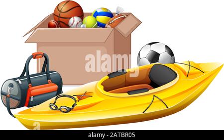 Karton voller Sport Ausrüstungen auf weißem Hintergrund Abbildung Stock Vektor
