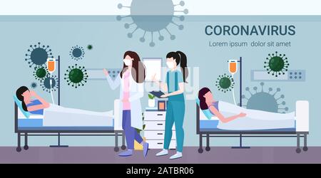 Coronavirus infiziert Kontrolldiagnose Behandlungskonzept Ärzte in Masken Untersuchung von Erkrankungen Patienten liegen in Betten Epidemie MERS-COV schwimmende Grippe wuhan 2019-nCoV horizontale Vektordarstellung in voller Länge Stock Vektor