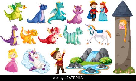 Märchenset mit Drachen und Prinzessin in der Turmillustration Stock Vektor