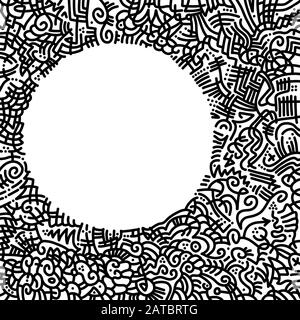 Handgezeichneter, quadratischer Rahmen mit abstrakten Mustern, aus schwarzen Kurven, Linien und Punkten und einem weißen Kreis, der freien Raum formt. Stockfoto