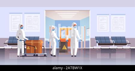 Menschen in schützenden Haselmatten tragen Fässer mit Warnzeichen 2019-nCoV-Grippeausbruch china Erreger Atmungs-MERS-COV Quarantäne Coronavirus Konzept Krankenhaus Innen horizontale Vektor-Illustration Stock Vektor