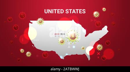 Epidemische MERS-COV-Grippeverbreitung der weltweit schwimmenden Grippeviruszellen wuhan Coronavirus 2019-nCoV Pandemie medizinisches Gesundheitsrisiko vereinigte Staaten Karte Hintergrund horizontales Exemplar Weltraumvektorabbildung Stock Vektor
