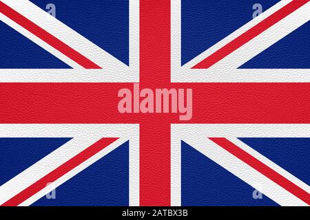 Britische Flagge Großbritanniens oder Großbritanniens auf Ledertexturhintergrund gedruckt Stockfoto