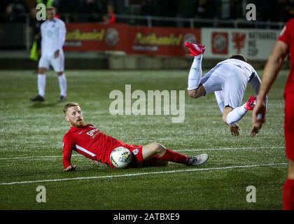 NEWTOWN, GROSSBRITANNIEN. Februar 2020. Connahs Quay Nomads schlug STM Sports während des Nathaniel MG-Cup-Finales im Latham Park in Newtown. Foto Credit: Matthew Lofthouse/Alamy Live News Stockfoto