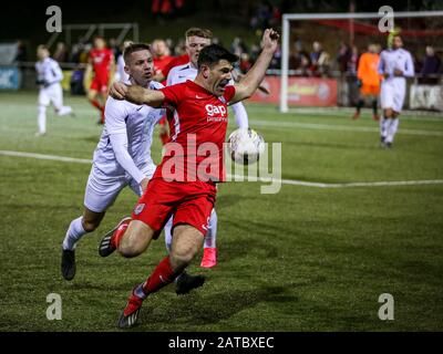 NEWTOWN, GROSSBRITANNIEN. Februar 2020. Connahs Quay Nomads schlug STM Sports während des Nathaniel MG-Cup-Finales im Latham Park in Newtown. Foto Credit: Matthew Lofthouse/Alamy Live News Stockfoto