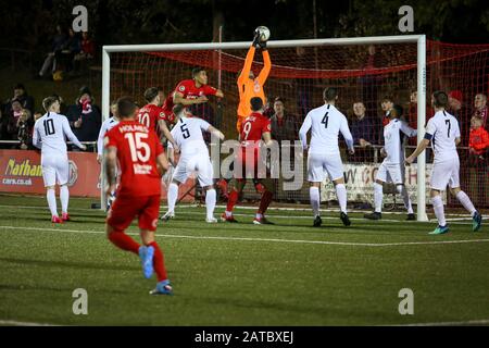 NEWTOWN, GROSSBRITANNIEN. Februar 2020. Connahs Quay Nomads schlug STM Sports während des Nathaniel MG-Cup-Finales im Latham Park in Newtown. Foto Credit: Matthew Lofthouse/Alamy Live News Stockfoto