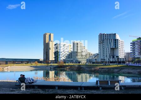 Wien, Wien: 84 m hoher Holzhochhaus oho Holzhochhaus (links), höchster Holzhochhaus der Welt, im neuen Stadtteil Seestadt Aspern, andere apa Stockfoto