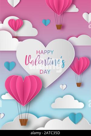 Grußkarte zum Valentinstag mit Wolken und herzförmigen Heißluftballons Stock Vektor