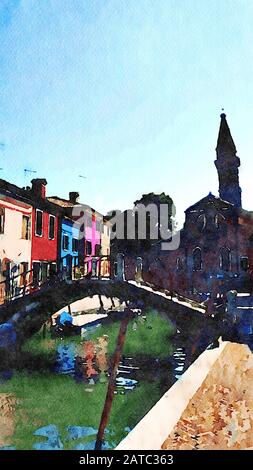 Einige typische farbige Gebäude und eine Brücke über einen der Kanäle in Burano in Venedig Stockfoto