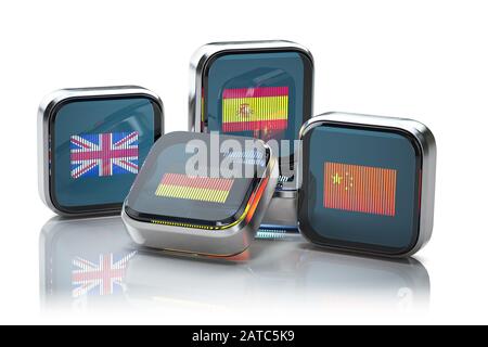 Fremdsprachenlernkonzept oder Übersetzungskonzept. Symbolfelder mit auf weiß isolierten Flags. Lernen Sie Englisch, Spanisch Chinesisch und Deutsch. 3D-Illusion Stockfoto