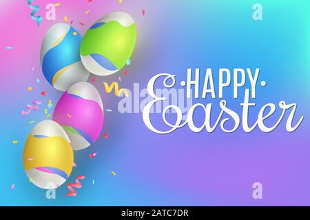 Oster-Banner. Fallende Eier mit flüssigem Muster. Farbenfroher Hintergrund mit Konfetti. Vorlage für Partei oder Verkauf. Vektorgrafiken. EPS 10 Stock Vektor