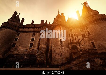 Das Chateau de Langeais, Frankreich. Dieses Schloss befindet sich in Langeais im Loire-Tal, wurde vom 10. Bis 15. Jahrhundert erbaut und ist ein Touristenattraktion Stockfoto