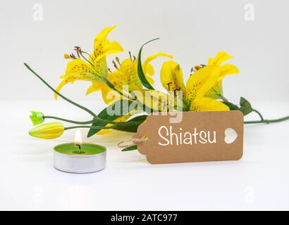 Shiatsu, ein Licht und eine Blume isoliert auf weißem Hintergrund Stockfoto