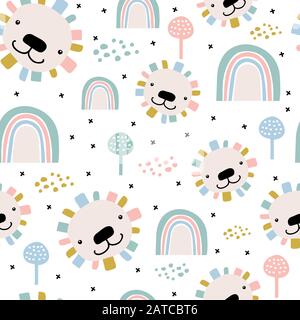 Seamless pattern with cute hand drawn lion faces Stock Vektor