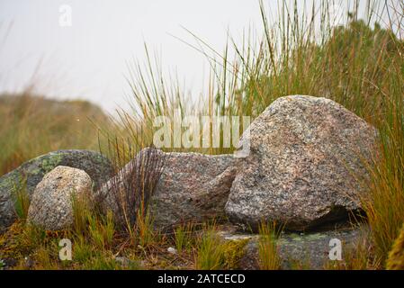 Felsen umgeben von dampfendem Nebel im Huascarán-Nationalpark Peru Stockfoto