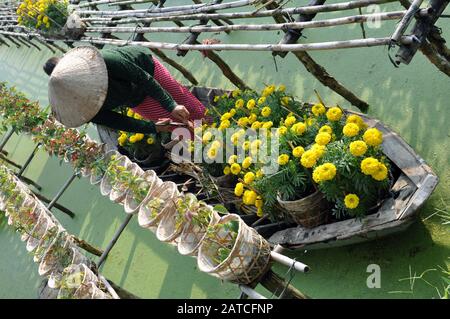 Menschen und marigalte Blumen auf dem Boot am Flussmarkt Stockfoto